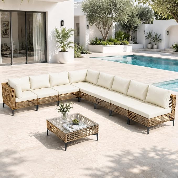 9-Piece Outdoor Wicker Patio Sectional Furniture Set, Beige | All Weather Performance, PE Rattan, Patio Conversation Set w/Coffee Table, for Backyard, Porch, Poolside, Deck