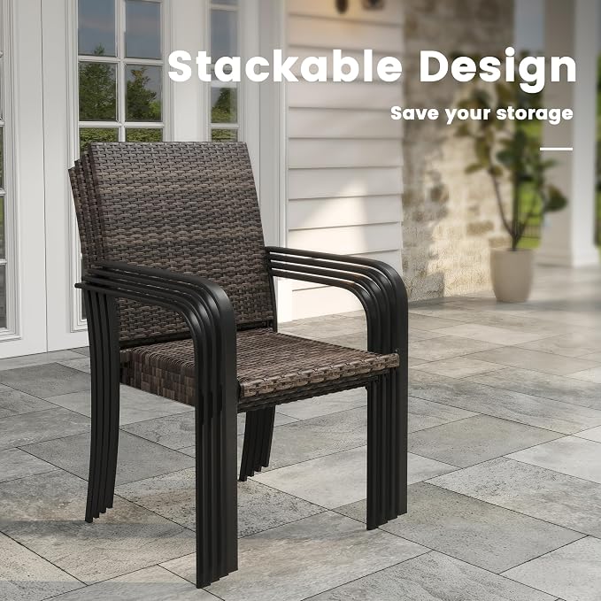 VICLLAX 8 Pieces Patio Dining Set with Blue Umbrella, 6 Stakable Wicker Outdoor Chairs and Metal Patio Table with Umbrella Hole for Backyard Lawn Deck, Black Tabletop