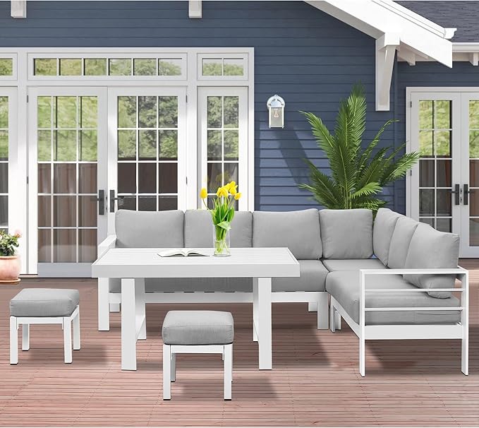 Wisteria Lane Aluminum Outdoor Patio Furniture Set, Metal Outside Patio Furniture Conversation Sets with Dining Table&2 Ottomans, Sectional Sofa Couch Seating Set with Cushions for Backyard
