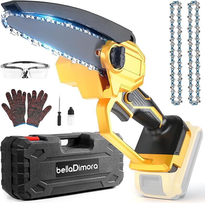 bellaDimora Cordless 6-Inch Mini Chainsaw for DeWalt 20V MAX Battery, Pure Copper Motor 17000 RPM, One-Handed, Cuts 6-Inch Branches, Dual Safety - Tree Trimming & Yard (No Battery)