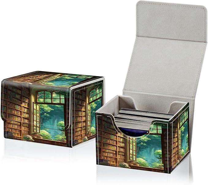 Card Deck Box for MTG, Cards Storage Box Fits 120+ Sleeved, Leather Small Size Strong Magnetic Closing Card Case for Board Games Magic TCG CCG Baseball Collection, Library Window