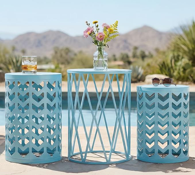 Y&M Set of 3 Round Heavy-Duty Side Table End Table, Coffee Table for Indoor Multifunctional Use, Outdoor Decorative Garden Stool Plant Stand-Light Blue