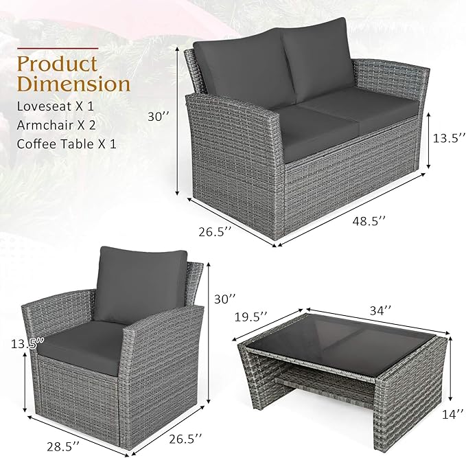 COSTWAY 4 Pieces Patio Rattan Furniture Set, Outdoor Wicker Sofa Set with Tempered Glass Coffee Table, Cushions, All Weather Rattan Conversation Set for Yard Balcony Backyard Pool (Grey)
