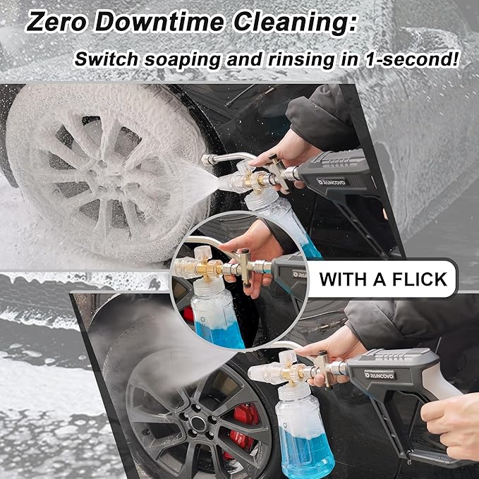 Raincovo Foam Cannon for Pressure Washer, Snow Clear Foam Cannon Dual Connector Accessories, Power Washer Soap Attachment for Car Wash, Stainless Steel Filter, 5 Nozzle Tips with Holder