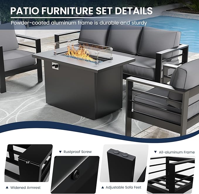 Amopatio Patio Furniture with Fire Pit, 8 Pcs Aluminum Outdoor Metal Patio Sofa Set with Aluminum Fire Pit Table,Dark Grey(Included Waterproof Covers)