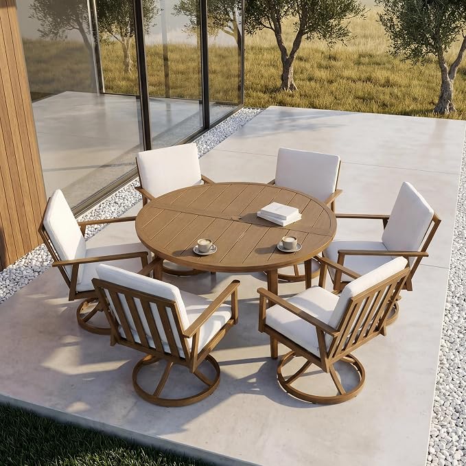 51" Round Outdoor Dining Table Set, 7-Piece Aluminum Round Outdoor Table with 6 Swivel Chairs, Faux Wood Grain Patio Table with Umbrella Hole for Garden, Backyard, Poolside, Teak