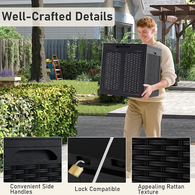 Giantex 39 Gallon Outdoor Storage Box, PP Deck Container with Rattan Patterns & Lockable Lid, Patio Plastic Storage Bin for Package Delivery, Garden Tools, Patio Cushions (39 Gal,Black)