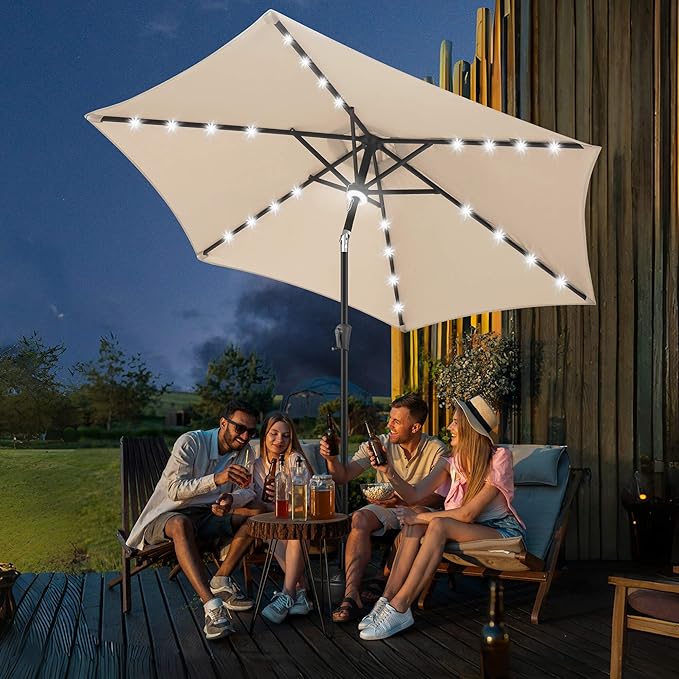 FLAME&SHADE 10ft Solar Outdoor Umbrella - 24 LED Lighted Patio Umbrella with Centre Surround Light, Table Umbrellas with Tilt & Crank for Pool, Porch, Garden, Deck, Backyard UV Protection (Beige)