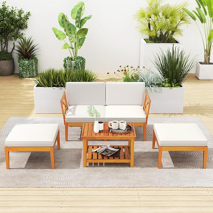 HAPPYGRILL 5 Pieces Acacia Wood Patio Chaise Lounge Chair Set with Ottoman, Outdoor Patio Furniture Set with Cushions and 2-Tier Coffee Table, Outdoor Sectional Conversation Sofa Set for Garden