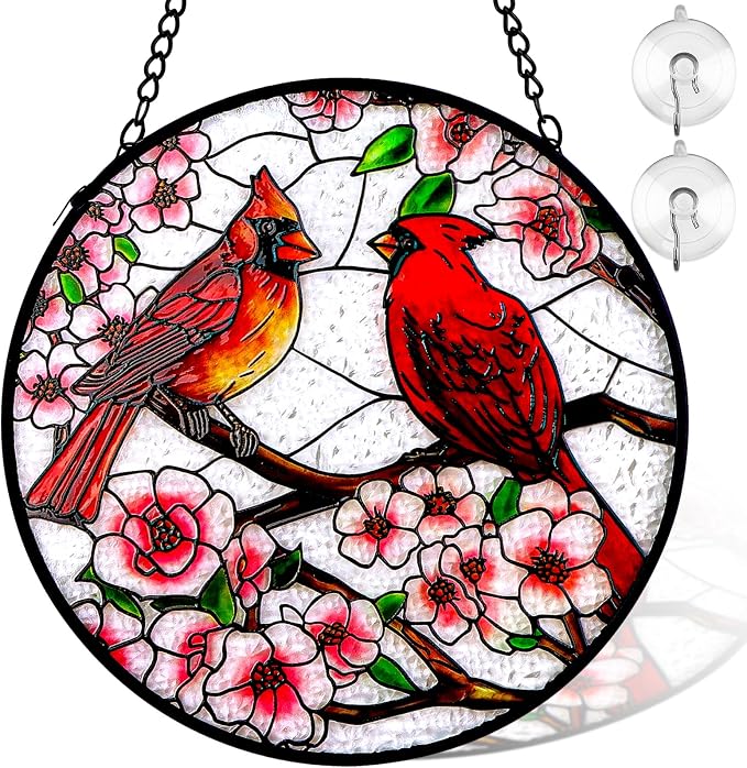Remiawy Cardinal Stained Glass Window Hanging, 6 Inch Glass Panel with Metal Chain and Hooks Window Hanging Indoor Window Wall Art Home Decor Gift for Bird Lovers Women Mother's Day Christmas