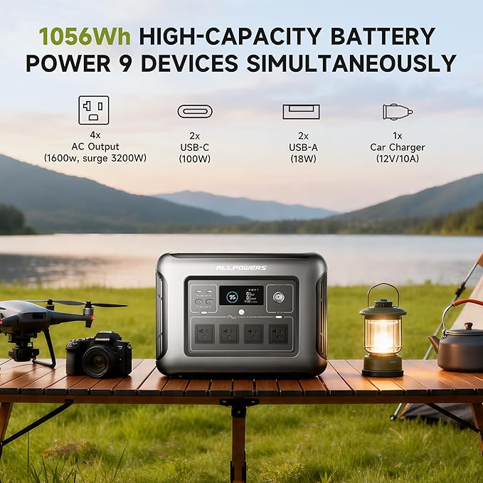 ALLPOWERS Solar Generator R1500 LITE with 200W Foldable Solar Panel,1056Wh Portable Power Station LiFePO4 (LFP) Battery,1600W AC/100W USB-C Output for Outdoor Camping,Travel,Hunting,and Power Outages