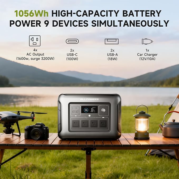 ALLPOWERS Portable Power Station R1500 LITE,1056Wh LiFePO4 (LFP) Battery,Solar Generator (Solar Panels Optional),1600W AC/100W USB-C Output for Outdoor Camping,Travel,Hunting,and Power Outages