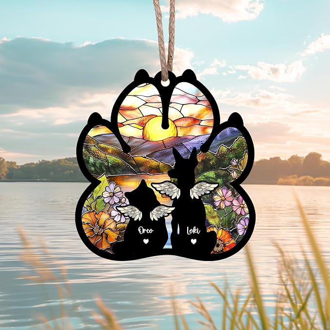 Personalized Pet Memorial Suncatcher, Custom Dog Cat Memorial Window Hanging with Photo & Name, Stained Glass Style Memorial Suncatcher, Rainbow Bridge Sympathy Gift for Pet Lovers