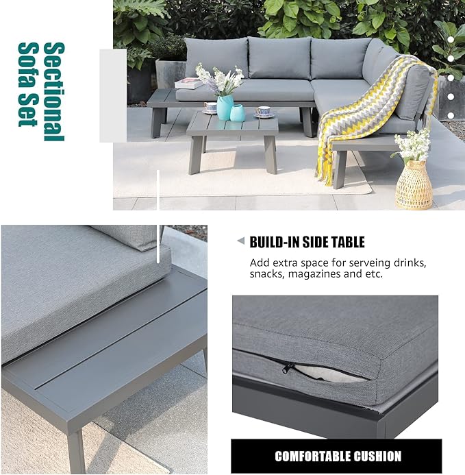 Soleil Jardin 4-Piece Outdoor Patio Furniture Set L-Shaped Aluminum Sectional Sofa with Coffee Table All-Weather Patio Conversation Set with Cushions, Dark-Grey