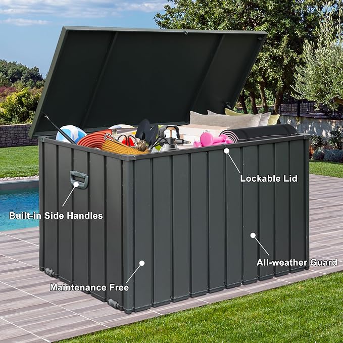 Domi Deck Box 200 Gallon Outdoor Storage Box, Large Metal Storage Cabinet Waterproof Lockable Container for Patio Furniture Cushions Garden Tools Pool-Supplies, Dark Grey