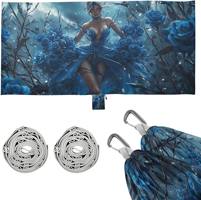 Anime Beauty Blue Rose Dark Gothic Outdoor Hammock Foldable Indoor Hammock for Outside Beach Patio Garden