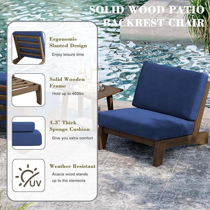 UIXE Wood Patio Furniture Sets, 4 Pieces All Weather Outdoor Sectional Futniture Patio Sofa Chair Backyard Conversation Set with Solid Wooden Coffee Table - Navy Blue