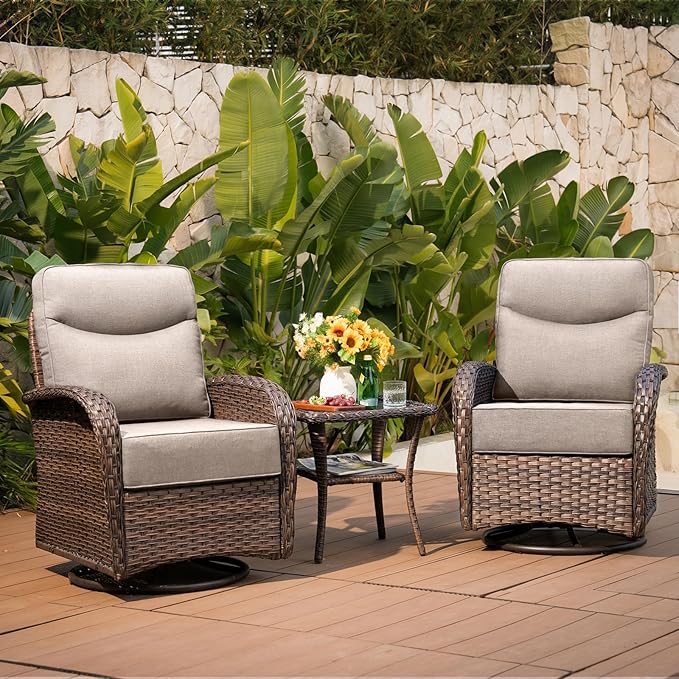 Belord Upgraded 6“ Cushion Luxury 3 Pieces Patio Furniture Set - All Weather Wicker Outdoor Swivel Rocker Patio Chairs of 2 with Side Table, High Back Glider Chairs Set for Deck Porch - Brown/Beige