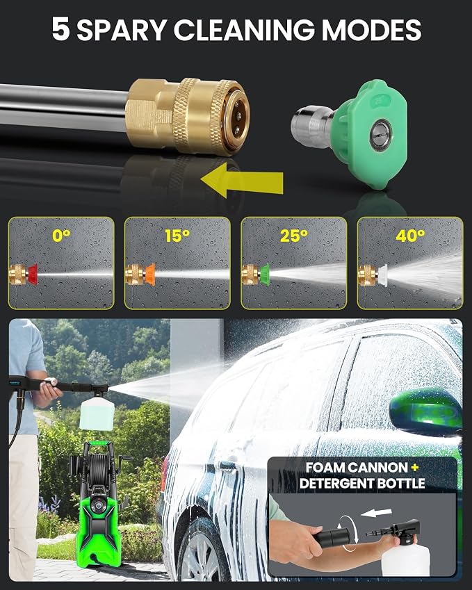 5000PSI Pressure Washer High Power Washer with 33ft Pressure Hose, 4 Nozzle and 500ml Soap Bottle for Cars/Fences/Driveways/Patios/Home Cleaning (Light Green)