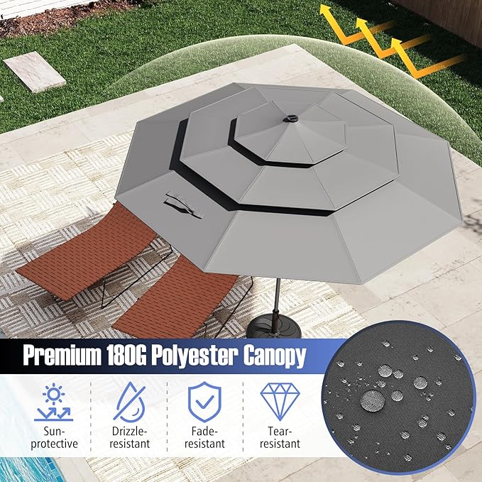 Tangkula 10 FT Solar LED Patio Umbrella, 3-Tier Vented Outdoor Market Table Umbrella with 32 LED Lights, Tilt Adjustment, Crank Handle, 8 Ribs for Backyard Pool Deck (Gray)