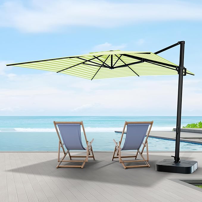 Midtown Umbrellas 9 x 9 Ft Outdoor Cantilever Patio Umbrella w/Terylast Pear Stripes Fabric - Rotate 360° Offset Patio Umbrella, Deck Patio Umbrella, Backyard Umbrella & Garden Umbrella - Black Frame