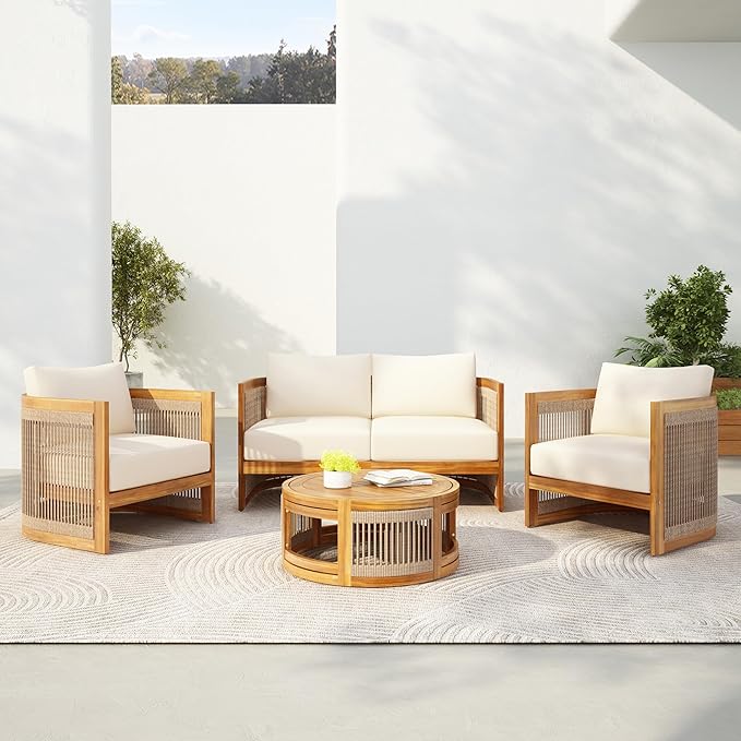 Acacia Wood Outdoor Furniture Set, 4-Piece Patio Seating Group with 2 Chairs, Loveseat & Coffee Table, Curved Tub Design with Woven Rope Accents, Water-Resistant Cushions (Beige,Teak//51)