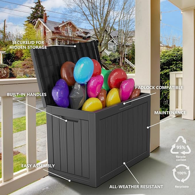 Vixzen 45 Gallon Resin Deck Box, Lockable Outdoor Storage Box for Patio Cushions Storage Furniture,Garden Tools, Pool Supplies, Weatherproof and UV Resistant- Black