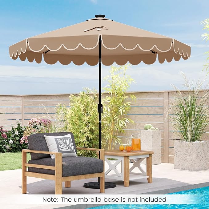 HAPPYGRILL 10 FT Patio Umbrella with Solar Lights, Market Sunshade with Ruffles, Vented Top, Tilt Adjustment & Built-in Crank, Outdoor Parasol Canopy for Backyard Poolside Deck Beach Lawn