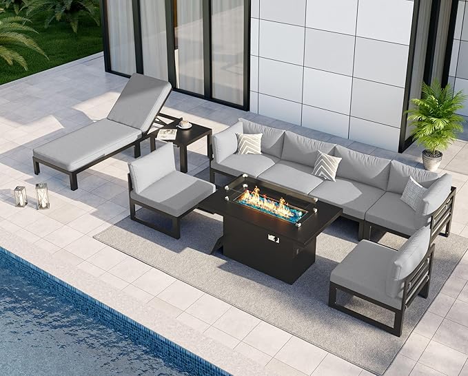 NICESOUL 9 Piece Large Modern Aluminum Outdoor Patio Furniture Set with Lounge & Fire Pit Table, 29" Wide Deep Seating, All Weather Sectional Sofa, 500 lbs Heavy Duty Deck Conversation Set, Light Gray