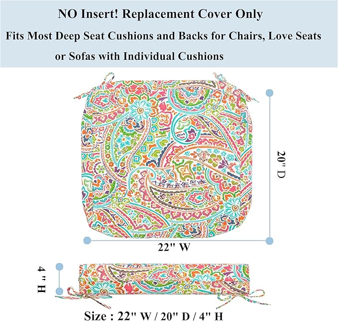 FUNHOME Patio Cushion Covers 22 x 20 x 4 Inch, No Insert! Water Repellent Outdoor Cushion Covers Set of 2 with Zipper and Tie, Replacement Cover Only(Melora Paisley)