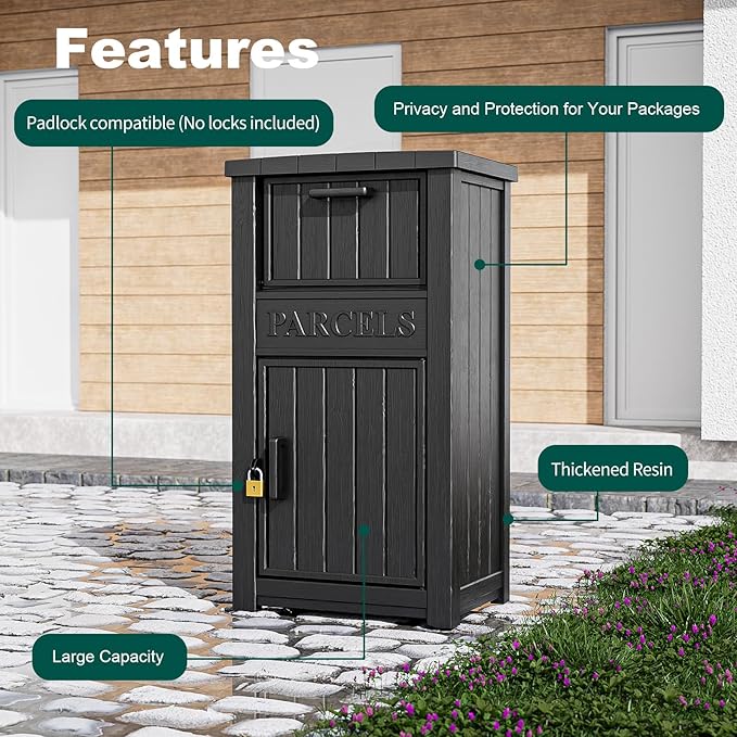 EasyUp Package Delivery Box Outdoor, Weatherproof & UV Resistant Resin Storage Box with Lockable Lid and Flip-Up Delivery Slot, Secure Contactless Parcel Drop Box for Porch (Black)