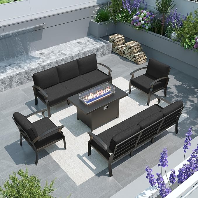 Gotland 8 Seats Outdoor Metal Patio Furniture Set with 55,000 BTU Gas Fire Pit Table w/Glass Wind Guard Patio Conversation Sectional Sofa Sets-Black
