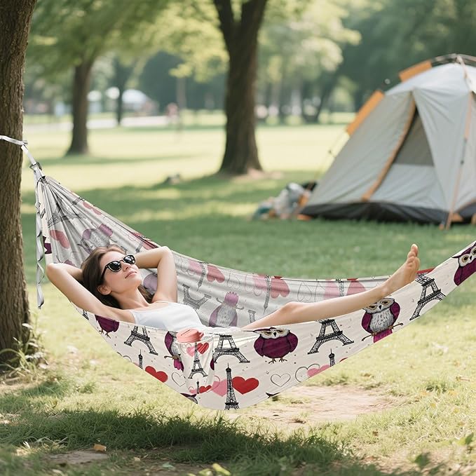 Camping Hammock Outdoor Hammocks for Outside Paris Tower Owl Beach Trees Portable Lightweight with Pockets Tree Straps Indoor