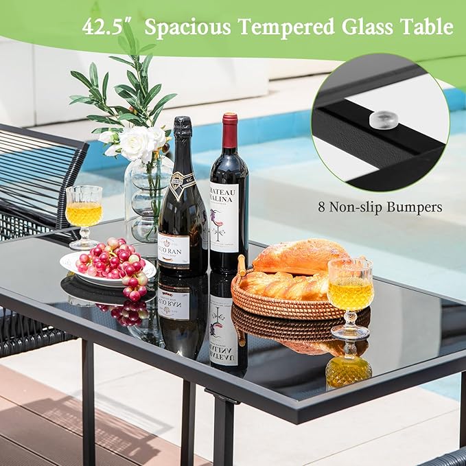 Tangkula 3 Pieces Outdoor Dining Set, PE Rattan Patio Furniture Set with Folding Backrest, Cozy Seat Cushions, Tempered Glass Tabletop, Space-Saving Bistro Table and Chairs Set of 2 for Backyard Pool