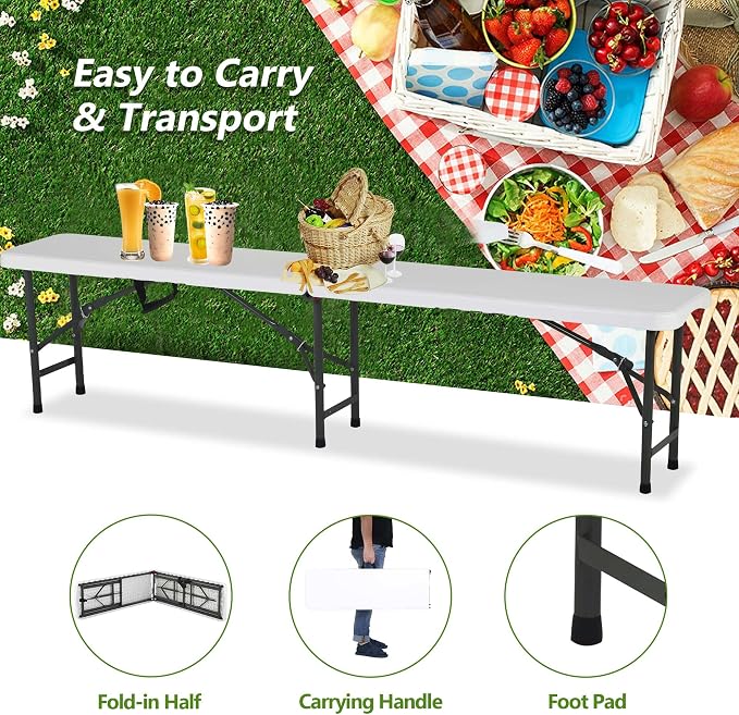 Folding Benches 6Ft Outdoor Dining Table, Portable Picnic Bench Fold Up Lightweight Party Benches, 6 Foot Folding Bench Outdoor Camping Bench, Mesas para Fiestas Beach Outdoor Benches Garden Bench