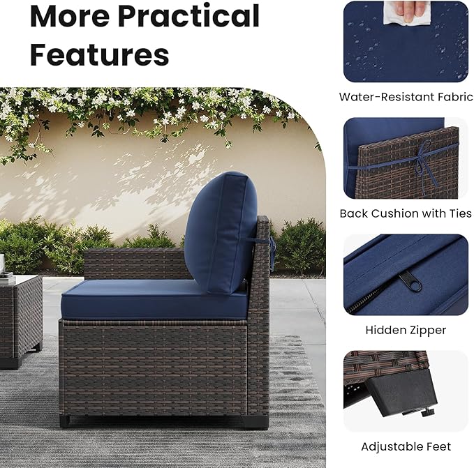 Soohow 7-Piece Patio Furniture Set with 44" Fire Pit Table, Outdoor Sectional Wicker Rattan Conversation Set for Garden, Porch, Backyard - Navy Blue Cushions