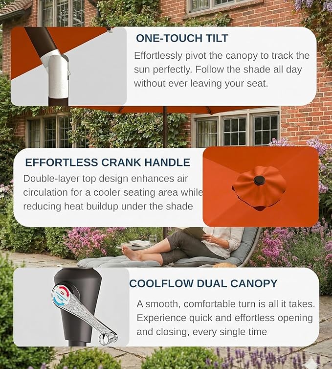 PatioKingdom 9FT Patio Outdoor Umbrella-UPF 50+ Sun Shade with Wind Vent, Push-Button Tilt & Smooth Crank Lift, Rust-Resistant Fiberglass Frame for Garden, Backyard,Yard (Orange)