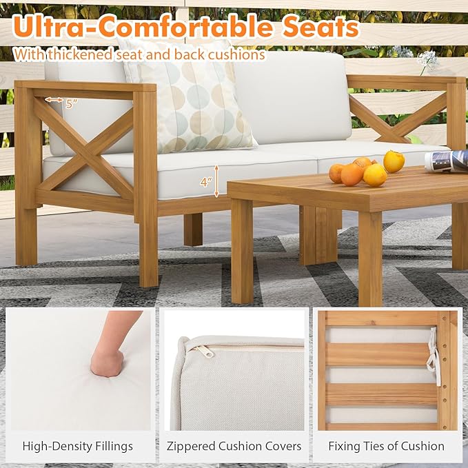 Tangkula 5 Piece Outdoor Conversation Furniture Set, Acacia Wood Sectional Sofa Set with 3 Chairs, 1 Ottoman & 1 Coffee Table, Patio Cushioned Sofa Set for Porch, Yard, Poolside (Off White)