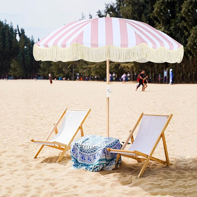 6ft Outdoor Boho Umbrella With Tassels Pink And White Striped Patio Umbrella UPF 50+ Protection Beach Umbrellas For Sand 8 Ribs Fringe Umbrella With Tilt Market Table Umbrella for Pool Backyard