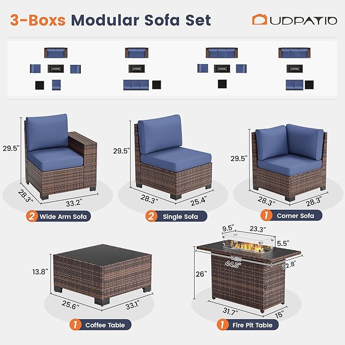 UDPATIO Patio Sectional Sofa with Fire Pit Table, 8 Inch Armrest 7-Piece Wicker Conversation with Waterproof Cover for Backyard Deck, Brown/Navy Blue