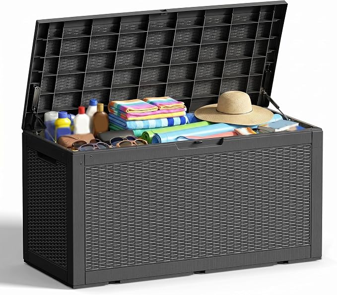 110 Gallon Outdoor Deck Storage Box, All-Weather Wicker Textured Lockable Storage Container for Pool, Patio & Backyard Large Outdoor Supplies Storage (Black,110GAL-1)