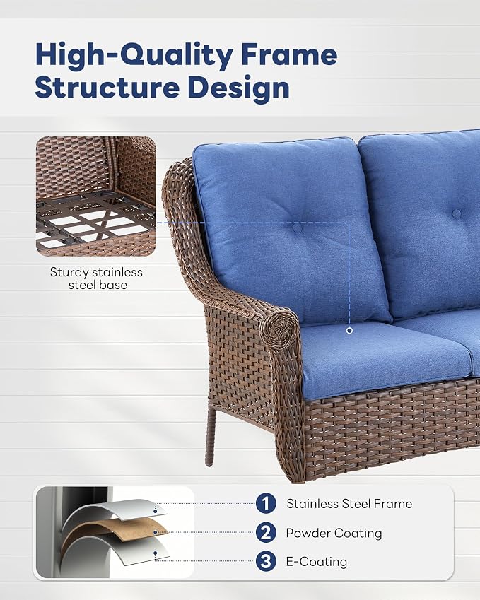 6 Pieces Wicker Patio Conversation Sets-Swivel Patio Chairs with Outdoor Sofa Outdoor Patio Furniture Set for Patio Deck Porch Garden Backyard-Brown/Blue