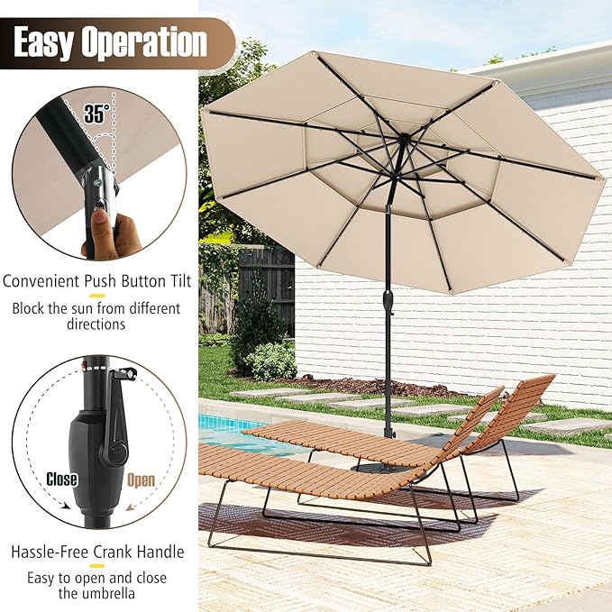 Tangkula 10 FT Solar LED Patio Umbrella, 3-Tier Vented Outdoor Market Table Umbrella with 32 LED Lights, Tilt Adjustment, Crank Handle, 8 Ribs for Backyard Pool Deck (Beige)