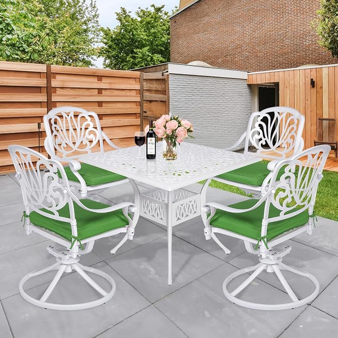 5 Piece Patio Dining Set, Outdoor Table and Chairs Set for 4 Cushioned Swivel Rocking Chairs and 35.4'' Square Table, All-Weather Cast Aluminum Patio Funiture Set, 2.2'' Umbrella Hole, White