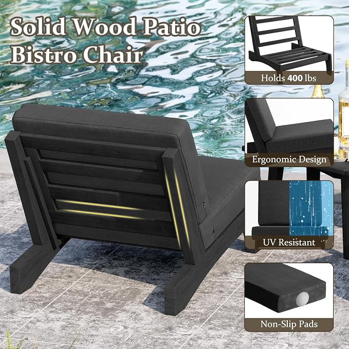 Pia Ricoo Patio Chairs Set of 2, Heavy Duty Wood Patio Furniture Set with Thick Cushions, Bistro Set All-Weather Outdoor Chairs for Balcony, Deck, Poolside, Porch - Dark Gray/Dark