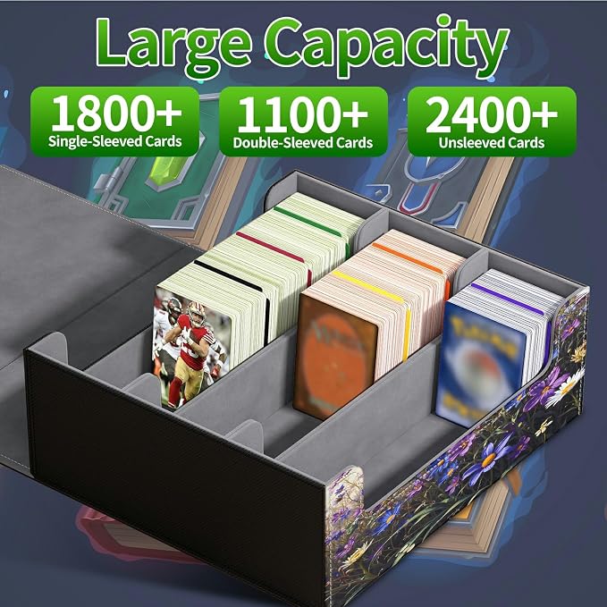 Large Card Deck Box for MTG, Fits 1200+ Sleeved Cards, PU Leather Storage Case with Strong Magnetic Closure, Multiple Colors for TCG CCG Baseball Card Collections, Purple Flower Butterfly