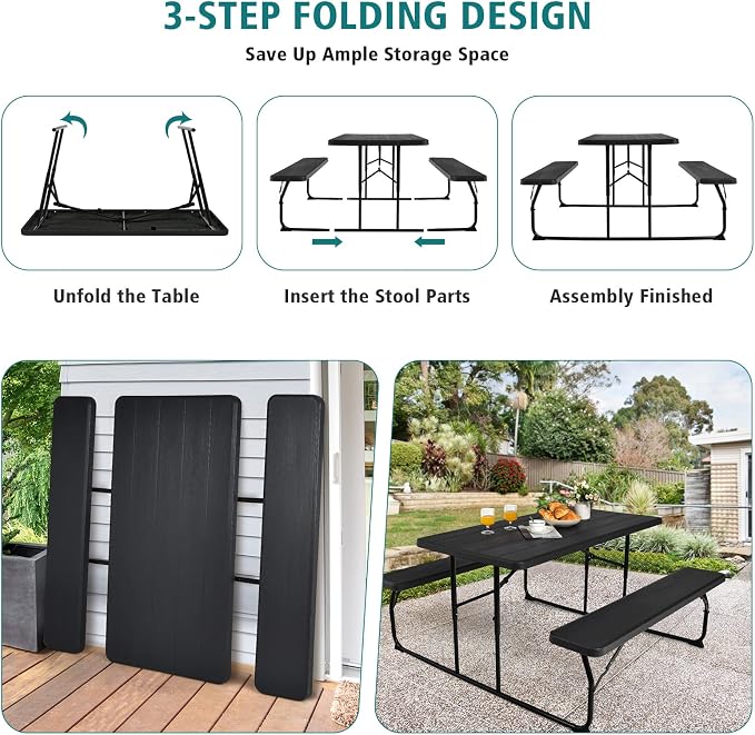 S AFSTAR Folding Picnic Table Bench Set, Foldable Picnic Table with 2 Benches, Outdoor Table and Bench W/Steel Frame & Wood-Like Texture Tabletop, Camping Table Chair Set for Garden Patio Lawn (Black)