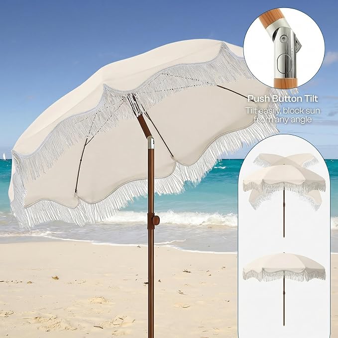 7FT Patio Umbrella with Fringe, Outdoor Tassel Umbrella with Fiberglass Ribs, Boho Beach Umbrella, Push Button Tilt and Carrying Bag, UPF50+