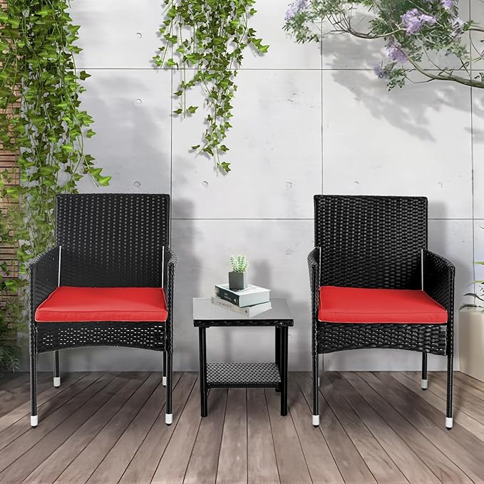 PayLessHere Set of 3 Outdoor Furniture Set Heavy Duty Patio Furniture Set Sturdy Conversation Set with 2 Rattan Chairs Glass Top Coffee Table Seat Cushions for Coffee Bar Poolside Patio Outdoor, Red