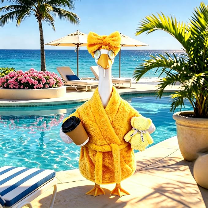 Celltestria Lady Goose Outfits for 23" Geese Yellow Bathrobe Porch Goose Costume Coffee Cup Bear Cucumber Eye Mask Goose Clothes for Outdoor Patio Yard Lawn Garden Decoration